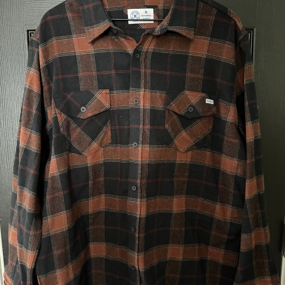 NWT Mens Hurley Medium Weight Flannel Button Down Shirt Orange Black Extra Large